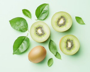 Fototapeta premium Fresh kiwi slices and whole kiwis arranged with green leaves on light background create vibrant and healthy composition. This minimalistic flat lay showcases natural beauty of kiwis