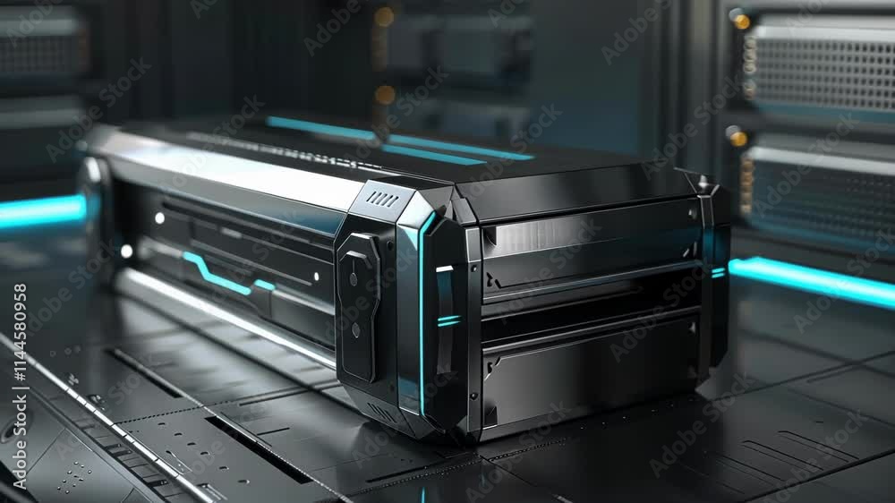 Poster modern server unit with glowing blue lights processing big data in a dark server room, highlighting 
