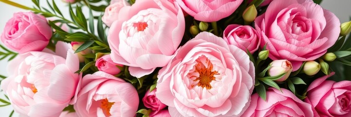 Fresh bouquet of pink peonies and roses surrounded by green foliage, perfect for springtime celebrations and events, fresh, celebration, events