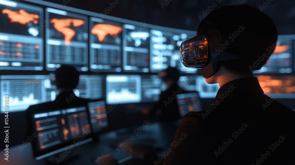 Poster modern technology and virtual reality: a user engaged in immersive experience with data visualizatio