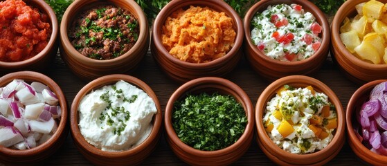 Fototapeta premium Overhead view of colorful bread toppings a rustic kitchen food photography adventure