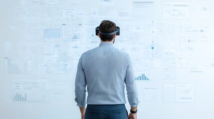 Young professional wearing virtual reality headset while interacting with digital data visualizations and analytics in a modern office environment, focusing on innovation