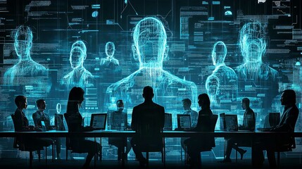 Business People Silhouette in a Technology Conference Meeting Around a Table