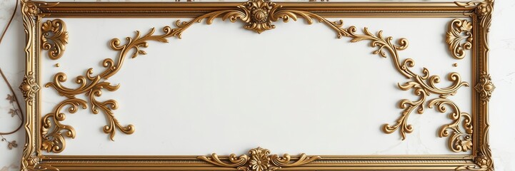 Golden frame with intricate details and designs, placed on a luxurious marble background, design, luxury