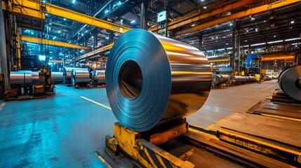 A roll of steel sheet in a factory setting.
