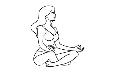 Woman sitting in yoga meditation continuous line art drawing isolated on white background. Healthy lifestyle. Vector illustration