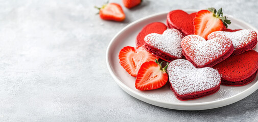 Naklejka premium Delicious red velvet pancakes shaped like hearts, topped with fresh strawberries and powdered sugar, create warm and cozy atmosphere perfect for any occasion