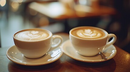 Obraz premium Coffee Break: Two Cups on a Wooden Table