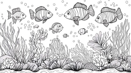Swimming Fish Grouping Underwater Scene Hand-drawn Sketch Line Art. AI Generated