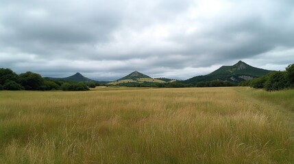 Majestic Mountain Range Over a Golden Meadow