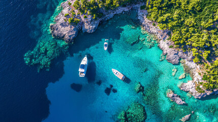 Aerial view of boats anchored in scenic azure sea bay