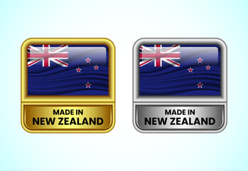 Made in New Zealand label icon in gold and silver color. Flag icon set for business
