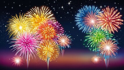 Naklejka premium Dynamic and explosive display of colorful fireworks with night sky background