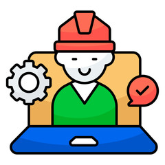 Avatar wearing hard hat inside laptop, icon of online labor