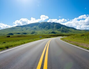 Naklejka premium Asphalt road and green mountain with sky clouds natural background on sunny day