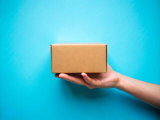 Delivery worker hands holding cardboard box isolated background