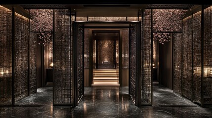 Obraz premium Luxurious interior room with decorative wall paneling showcasing geometric patterns and a sleek polished floor for elegance