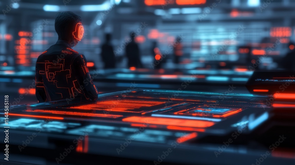 Poster futuristic digital workspace with abstract visuals and high-tech displays featuring a person engaged
