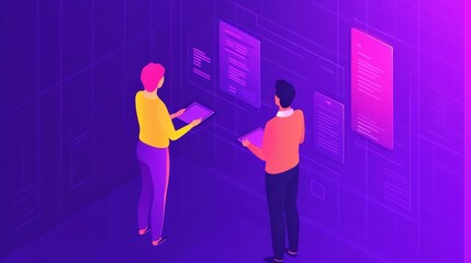 Two Individuals Engaged in Digital Interaction in a Futuristic Environment with Vibrant Colors and Modern Technology Displays