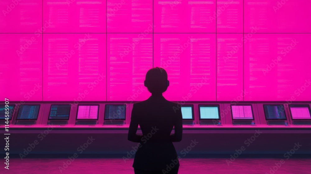 Poster silhouette of a figure in front of a vibrant pink screen displaying code and data, highlighting tech