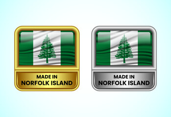 Made in Norfolk Island label icon in gold and silver color. Flag icon set for business