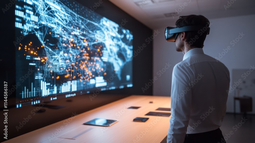 Poster futuristic businessman engaging with virtual reality technology in modern office environment surroun