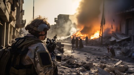 Obraz premium Close-up of a journalist with a camera in a war,generative ai illustration