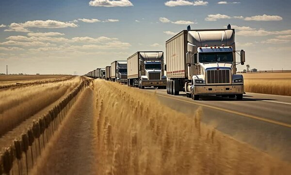 Wheat transporters queuing on the highway. Trucks are parked along the road. Cargo transportation by transport, export.