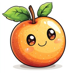 Obraz premium Cute cartoon orange with a smiling face and green leaves.