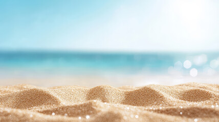 Fototapeta premium tranquil beach scene featuring soft golden sand and sparkling ocean view, evoking sense of peace and relaxation