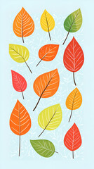 A colorful arrangement of various leaves in autumn hues against a light background.