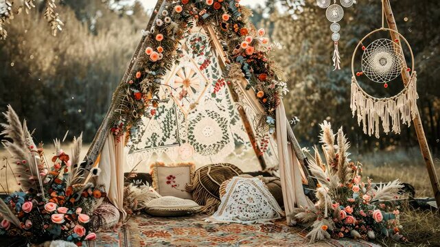 Photo zone in boho style in nature. Selective focus. Nature.