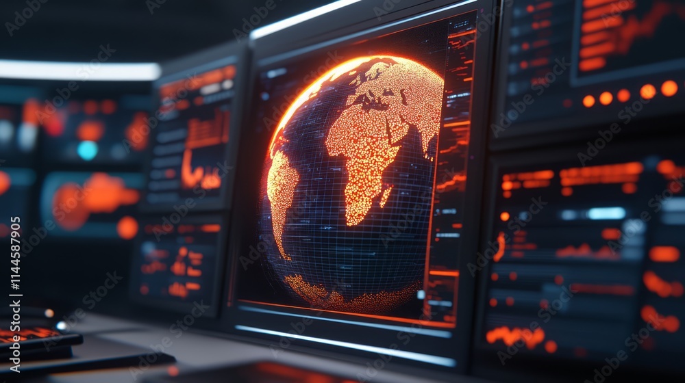 Poster futuristic interface displaying a visual representation of the world with a glowing orange and red c