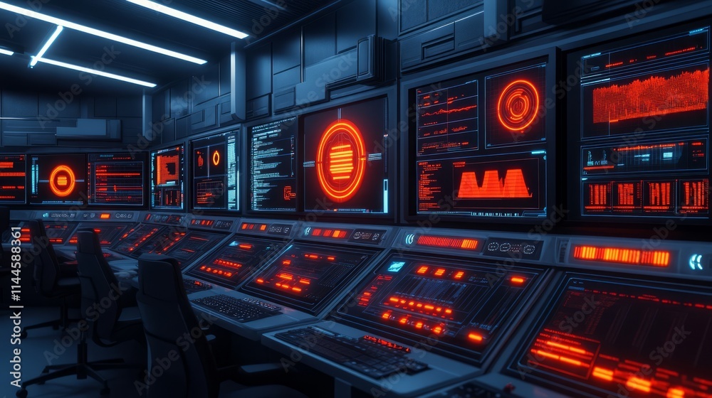 Poster futuristic command center with high-tech displays and neon visuals in a dark setting, featuring data
