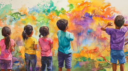 Naklejka premium Children admiring vibrant mural filled with colorful splashes of paint, evoking creativity and joy in outdoor setting. scene highlights beauty of art and youthful curiosity