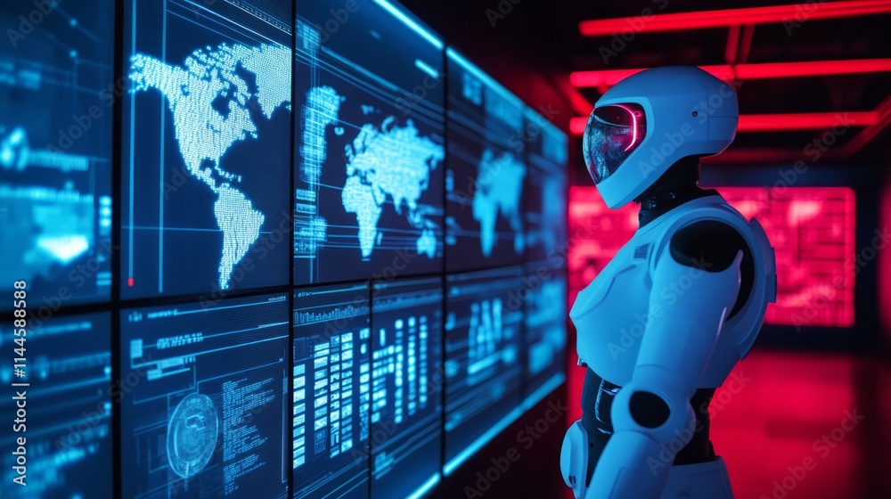Poster futuristic robot standing in a high-tech control room surrounded by vibrant data screens displaying 