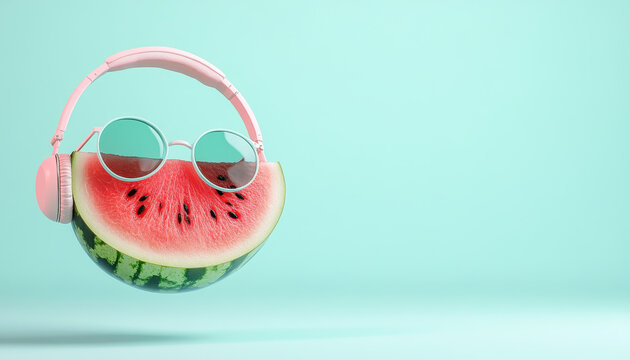 vibrant watermelon slice with headphones and sunglasses, floating against mint green background, exuding fun and playful vibe