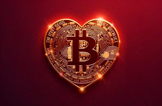 Gold bitcoin in the shape of a heart on a red background top view