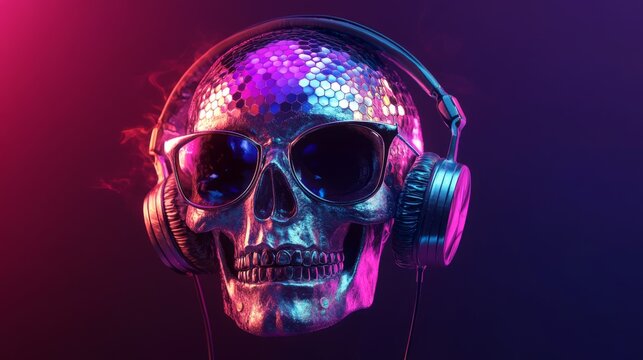 A stylized skull with a disco ball surface, glowing headphones, and vivid colors, presenting a unique blend of retro disco vibes and futuristic appeal.. AI Generation