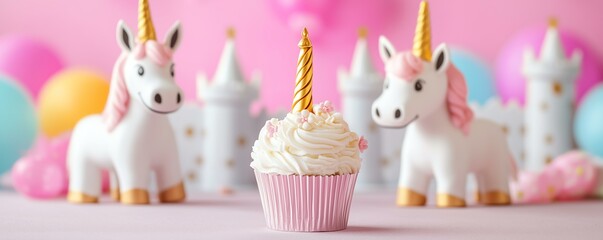 Delightful unicorn-themed cupcake surrounded by playful unicorn figures.