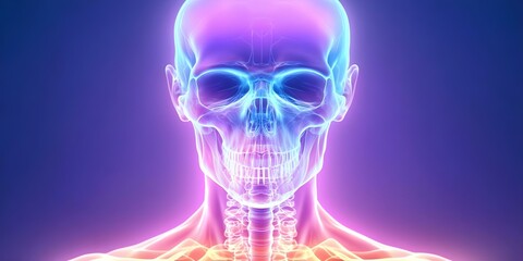 A vibrant, glowing illustration of a human skeleton and skull, showcasing detailed anatomical features in neon colors. Concept Anatomical Illustration, Neon Colors, Human Skeleton, Detailed Skull