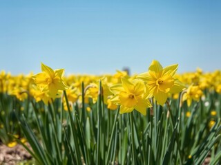 Obraz premium Lush field of bright yellow daffodil flowers in bloom under a clear blue sky, spring, stems, bright