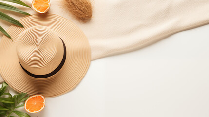 Minimalist summer composition with a straw hat, orange slices, and green leaves