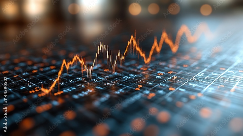 Poster a digital graph displaying fluctuating data trends on a grid background.