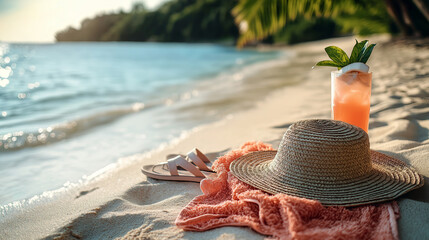 Coral blanket, straw hat, and refreshing drink on a sunny beach with ocean views