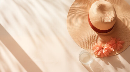 Summer composition featuring a beige wide-brimmed hat, soft floral elements, and a glass of water