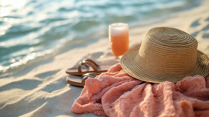 Straw hat, flip-flops, and pink blanket on a sandy beach with a tropical drink