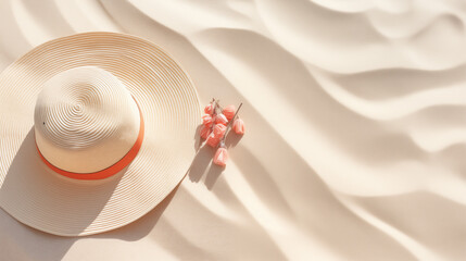 Tropical summer flat lay with a beige sun hat and coral flowers on sandy textures