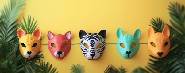 Obraz premium Colorful animal masks hanging amidst green foliage against a bright yellow background.