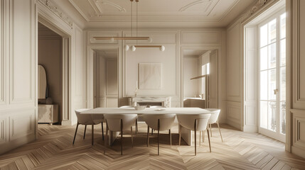 Fototapeta premium Salle à manger minimaliste avec mobilier blanc et cheminée en marbre.